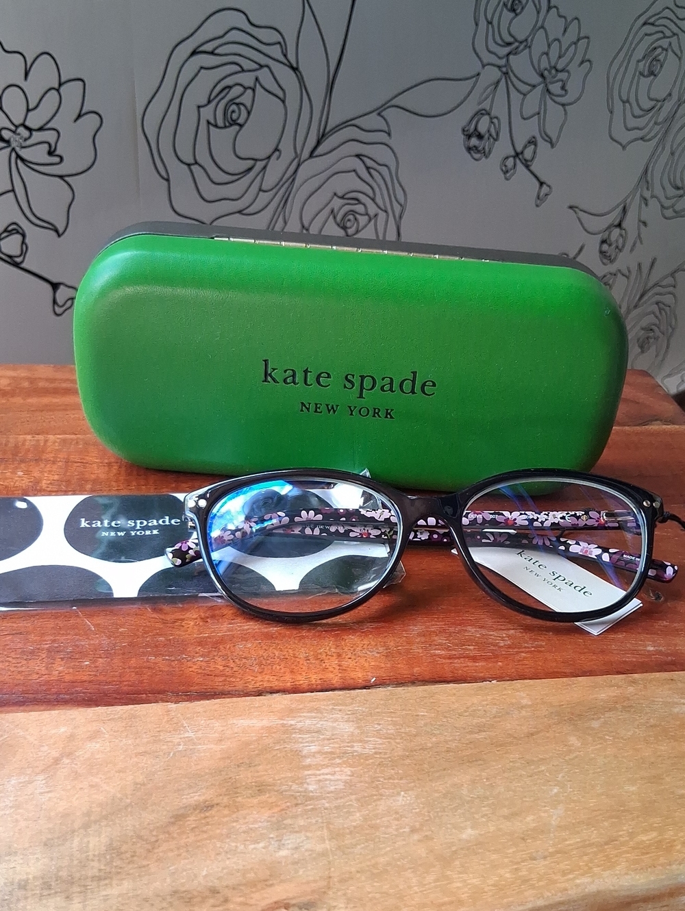 kate spade Olive Reading Glasses with Pink Floral Temples Blue Light Blocker